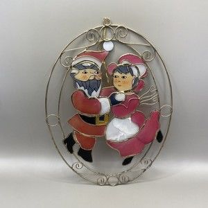 Vintage Capiz Shell Christmas Sun Catcher Santa and Mrs. Claus Holiday Decor